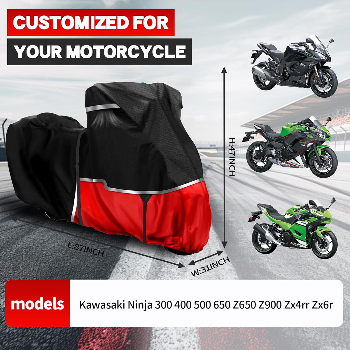 420D Motorcycle Cover Suitable for Kawasaki Ninja 400 500 650 Z900 Zx6r (No Trunk) Models Waterproof Motorcycle Cover Easy to Clean Tear-Resistant Suitable for Outdoor Protection