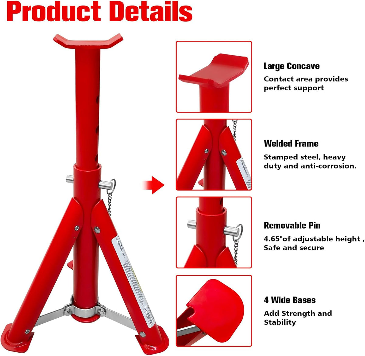 Foldable Jack Stands 3 Ton (6,600 LBs), 11.42"-16.06" Adjustable Height with Mobility Safety Pin,Car Jack Stand for Home&Garage, Workshops,Lifting SUV, Pickup Truck,UTV/ATV, Red, 1 Pair