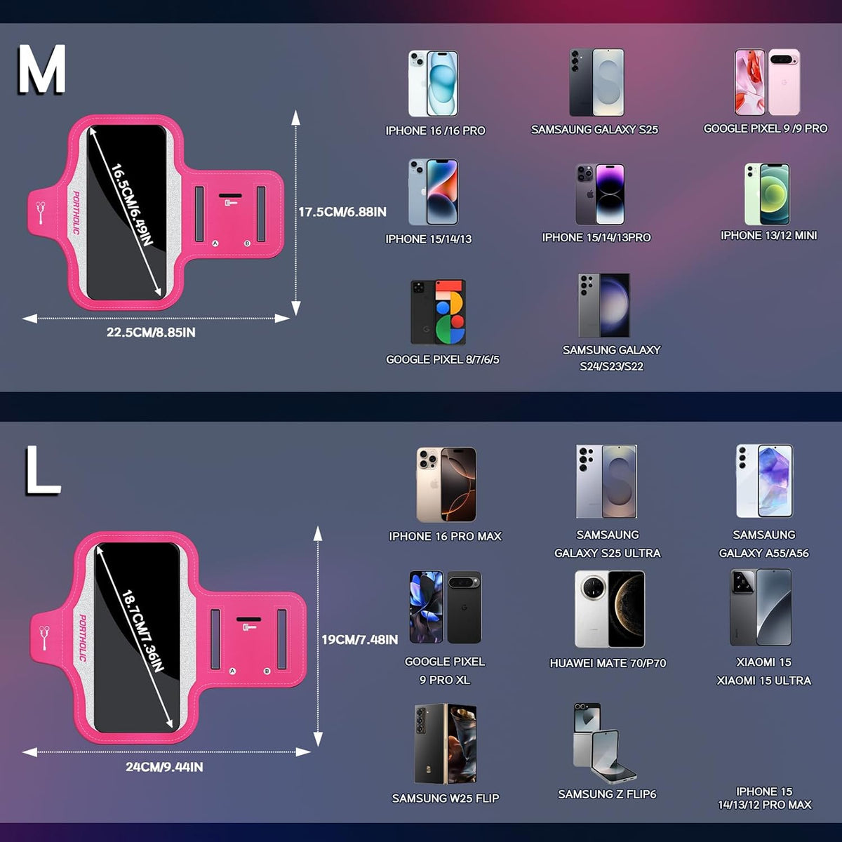 PORTHOLIC 2025 Running Armband Water Resistant Sports Phone Holder Case with Extension Strap, Key Card Slot Up to 6.9" Phone for iPhone 17/16/15/14/13 Plus Air Pro Max XR/XS, Galaxy S25/24/S10