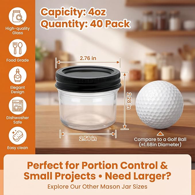 QAPPDA 4oz Glass Jars With Lids And Bands,Small Mason Jars,Mini Canning Jars With Black Lids For Honey,Jam,Jelly,Wedding Favor,Shower Favors,Spice Jars For Kitchen & Home,Set of 40