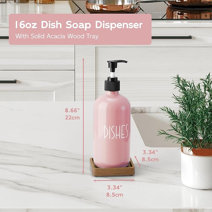 Pink Glass Dish Soap Dispenser with Acacia Wood Tray, 16 oz Refillable Kitchen Soap Pump Bottle, Decorative Countertop Soap Dispenser Set for Kitchen Bathroom Accessories