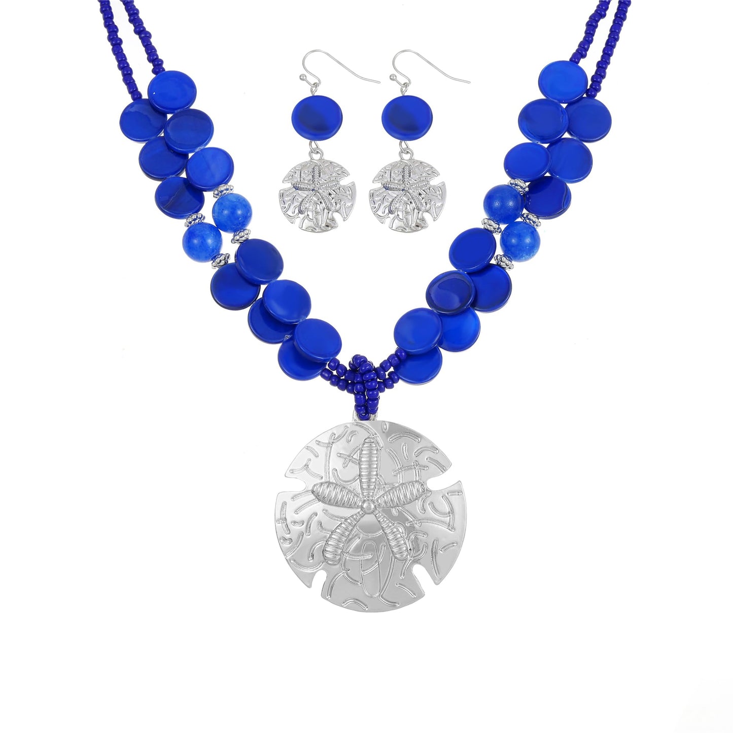 Perla Boho Starfish Necklace for Women, Chunky Layered Shell Beads Choker Necklace and Earrings Set, Ocean-Themed Summer Beach Jewelry (Blue)