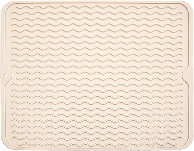 Silicone Dish Drying Mat for Multiple Usage, Easy clean, Eco-friendly, Heat-resistant Dish Drainer Mat for Kitchen Counter,Sink,Refrigerator or Drawer liner (18" x 16", BEIGE)