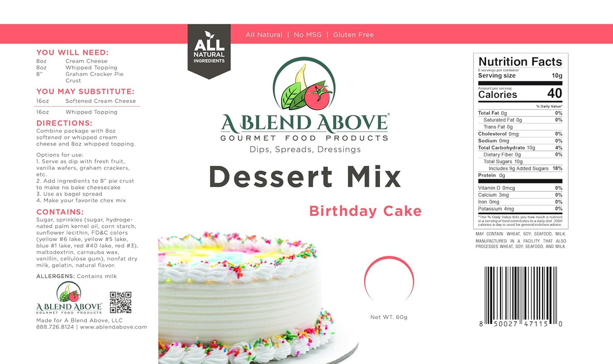 A Blend Above Birthday Cake Mix - No Bake Desserts, All Natural, Gluten Free, No MSG - Instant Dessert Mix, Fruit Dip, Bagel Topping, Frosting, Cheesecake Filling - Easy to Make - 4.2 Oz (Pack of 3)