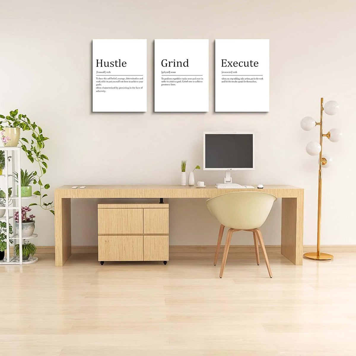 Hustle Grind Execute, Inspirational Wall Decor Art - Framed Canvas Office Decor, Quote Poster, Office Wall Art, White Large Poster, Positive Motivational Wall Art, 12x16inchx3pcs