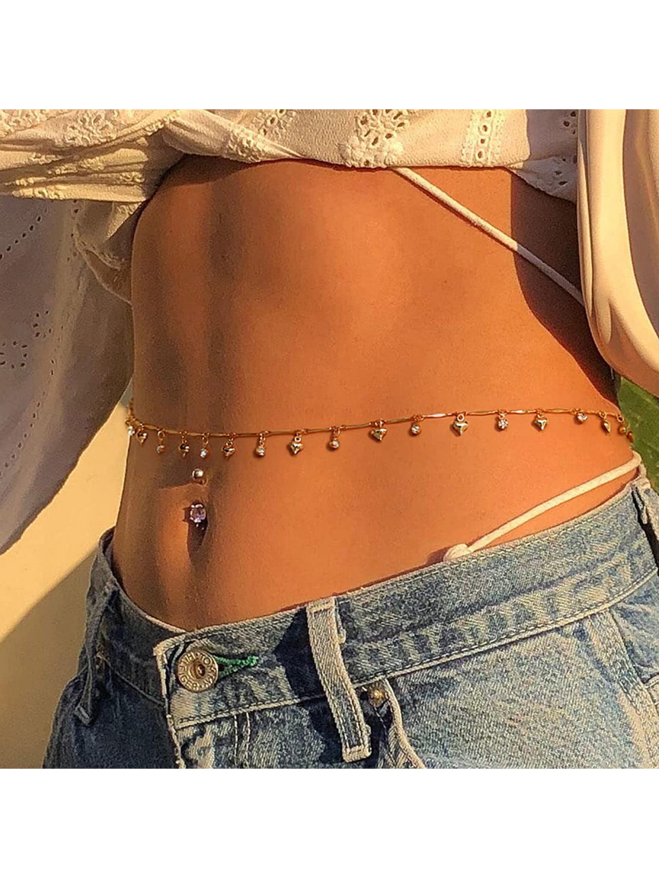 MODRSA 1pcs Gold Belly Chain Gold Waist Chain for Women Heart Waist Jewelry for Women Belly Chains Rhinestone Stomach Jewelry Sexy Body Chains Non Tarnish Waterproof Summer Jewelry Trendy