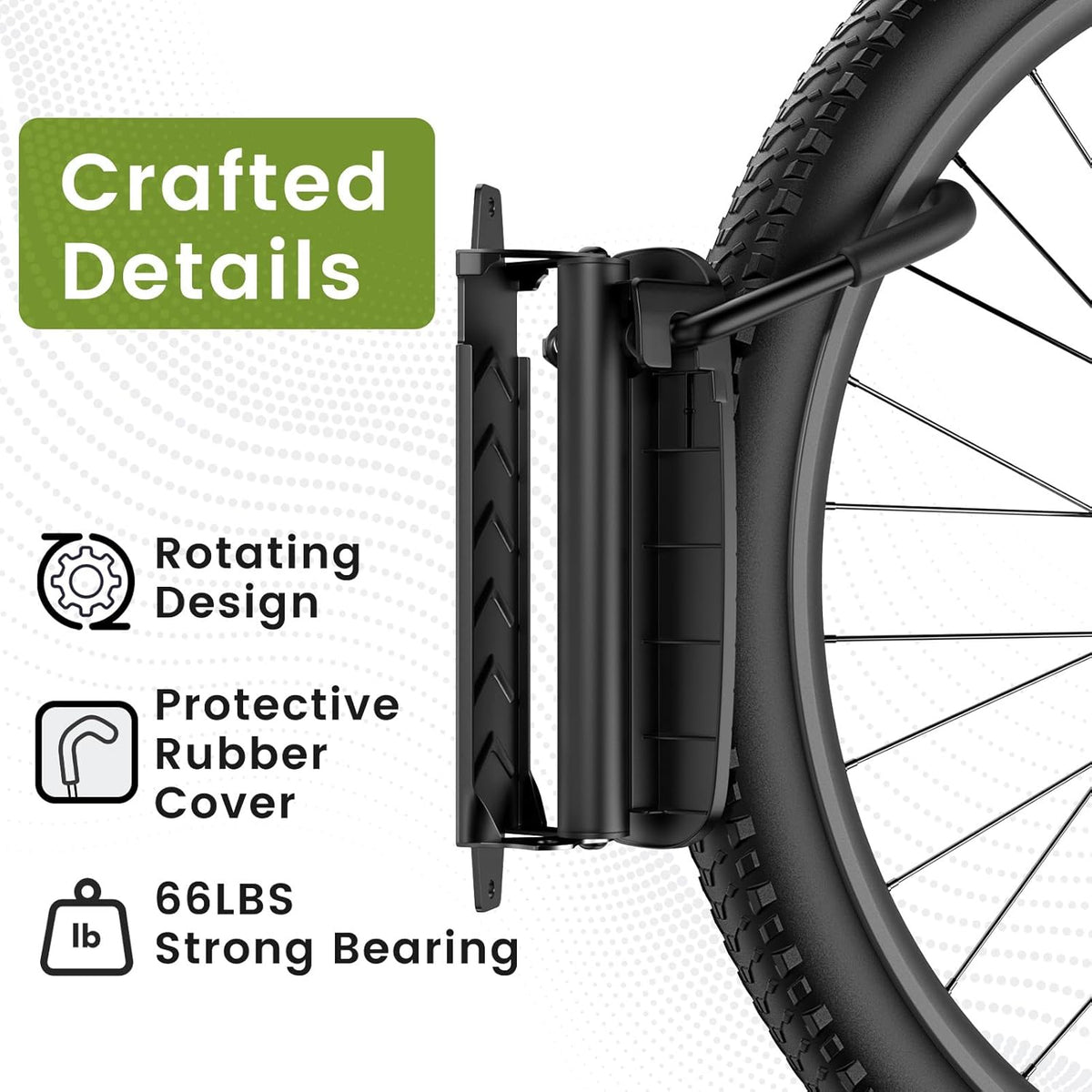 Swivel Bike Wall Mount [1 Pack], 150° Swivel Vertical Bike Rack Wall Hanger Holds up to 66lbs for Mountain/Road/Hybrid Bikes, Bike Hangers, Bicycle Storage Rack for Garage