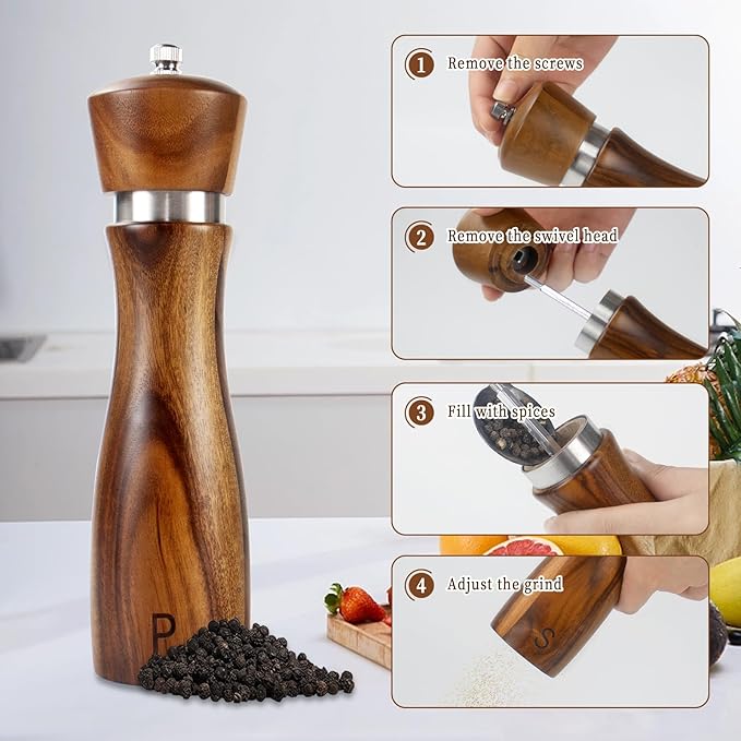 Haomacro 2 Pack Wood Salt and Pepper Grinder Set, Acacia Wood Salt and Pepper Grinder Mill Pepper Grinder Ceramic Stainless Steel Core-8 Inch