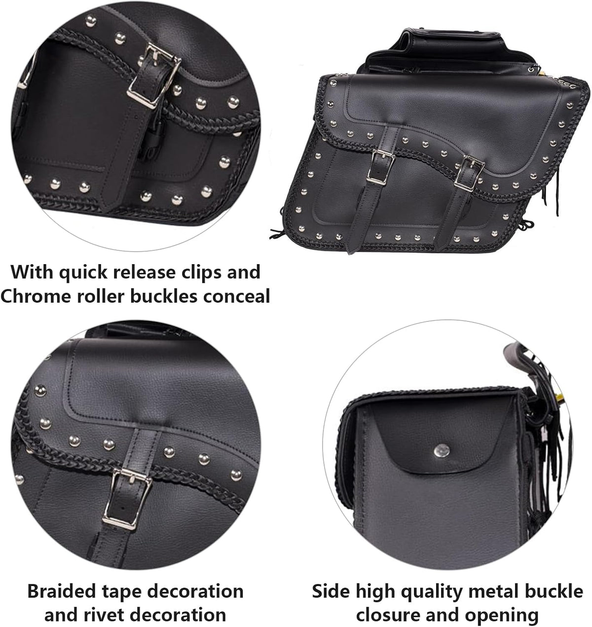 GARGOYLE BELLS Motorcycle Saddle Bags Synthetic Leather Motorcycle Luggage Bag Waterproof Throw Over Saddlebags For Softails Sportsters Choppers Dyna V-star Shadow (With Studs, Black, 16"x13"x11.5")