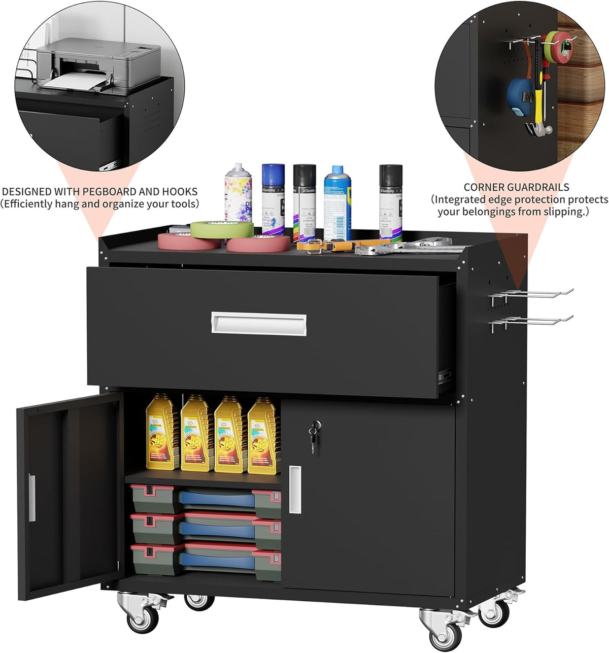Metal Garage Storage Cabinet with Wheels ，Rolling Toolbox with Lockable Drawer, Utility Cabinet for Home, Office, Garage and Workshop (Black)