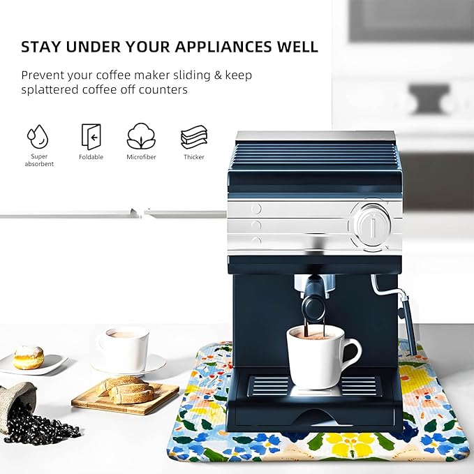 Blue and Yellow Floral Large Dish Drying Mats, Reversible Dish Drying Pads for Kitchen Counter Foldable and Stored in a Drawer,18"x24" Extra Large Draining Mat Protect for Kitchen,Bar Counter