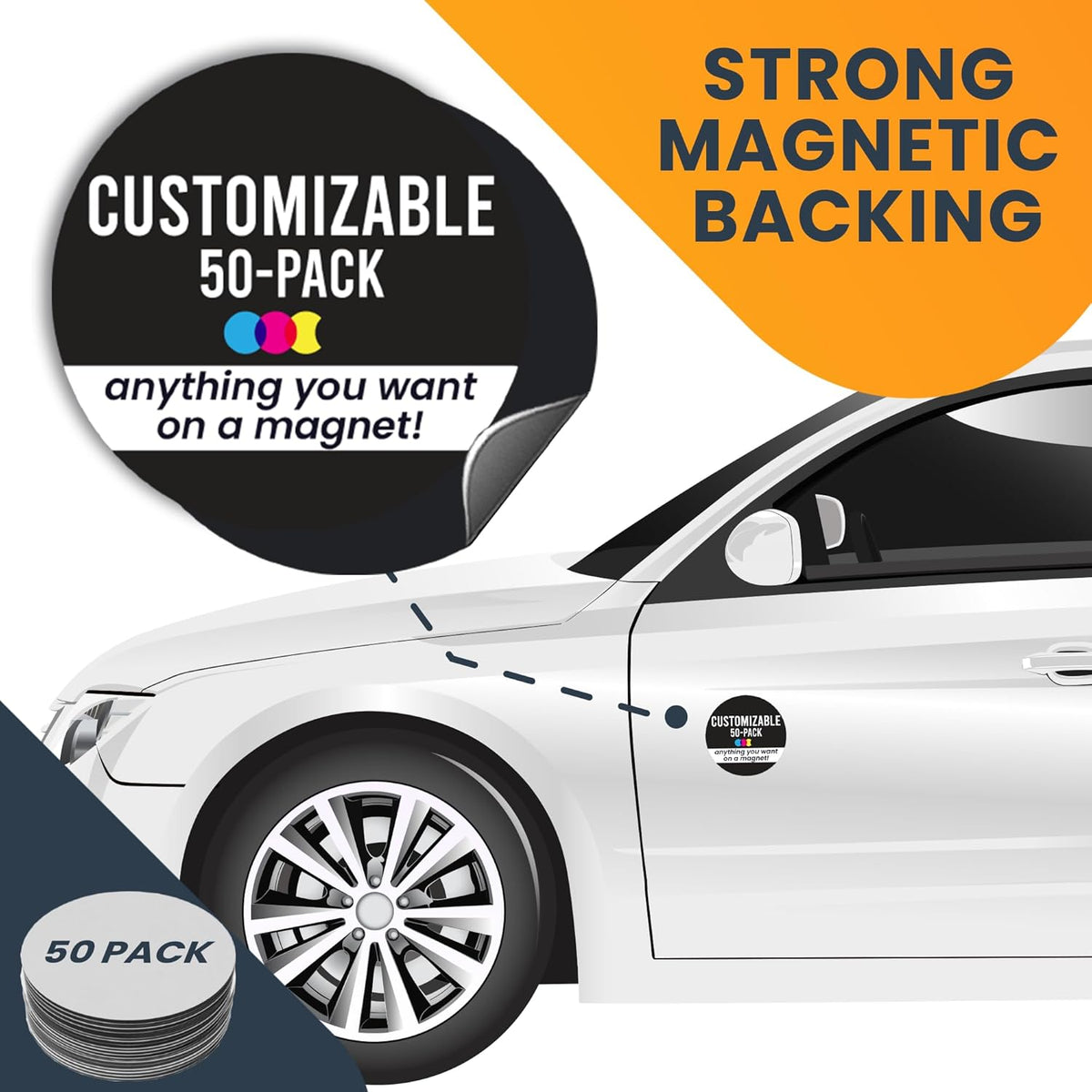 Magnet Me Up Customizable 30 Mil Round Magnet- 5”, 50 PK Weatherproof Car Magnet for Businesses, Sports Teams, Fundraisers & Personal Expression- Custom Text & Logo- Strong Magnetic Vinyl for Vehicles