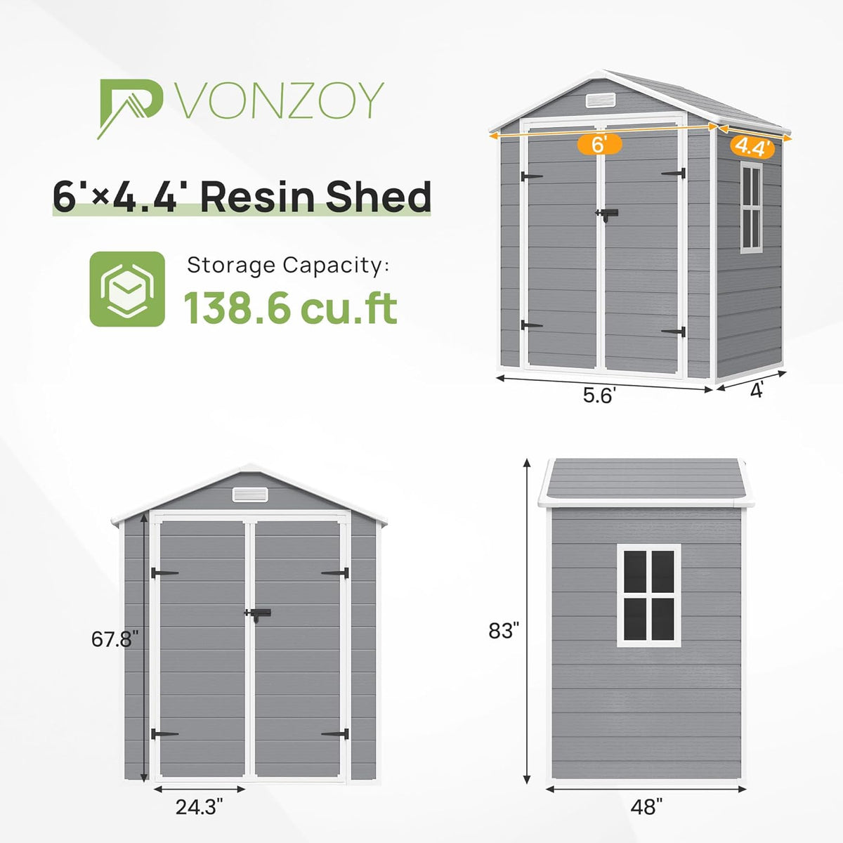 Outdoor Storage Sheds with Floor, 6x4.5 FT Resin Garden Shed with Lockable Door, Window, Waterproof, Plastic Tool Storage for Bike, Garbage Can, Grey White