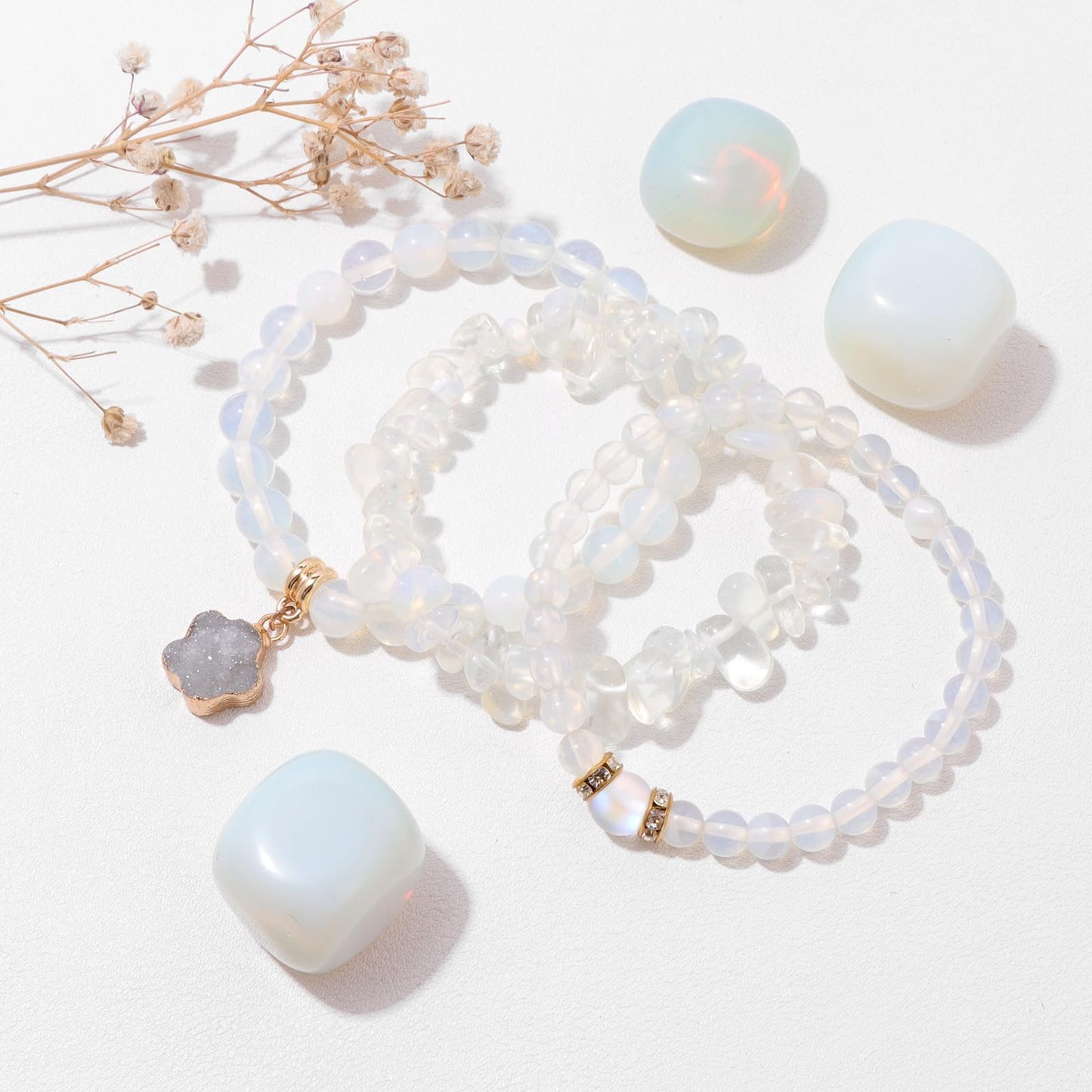 Vinswet Healing Crystal Beaded Bracelets for Women,Natural Amethyst Gemstones Bracelet,Anxiety Stress Relief Heart Charm Bracelet Handmade purple Jewelry Gifts for Women (Opal&labradorite)