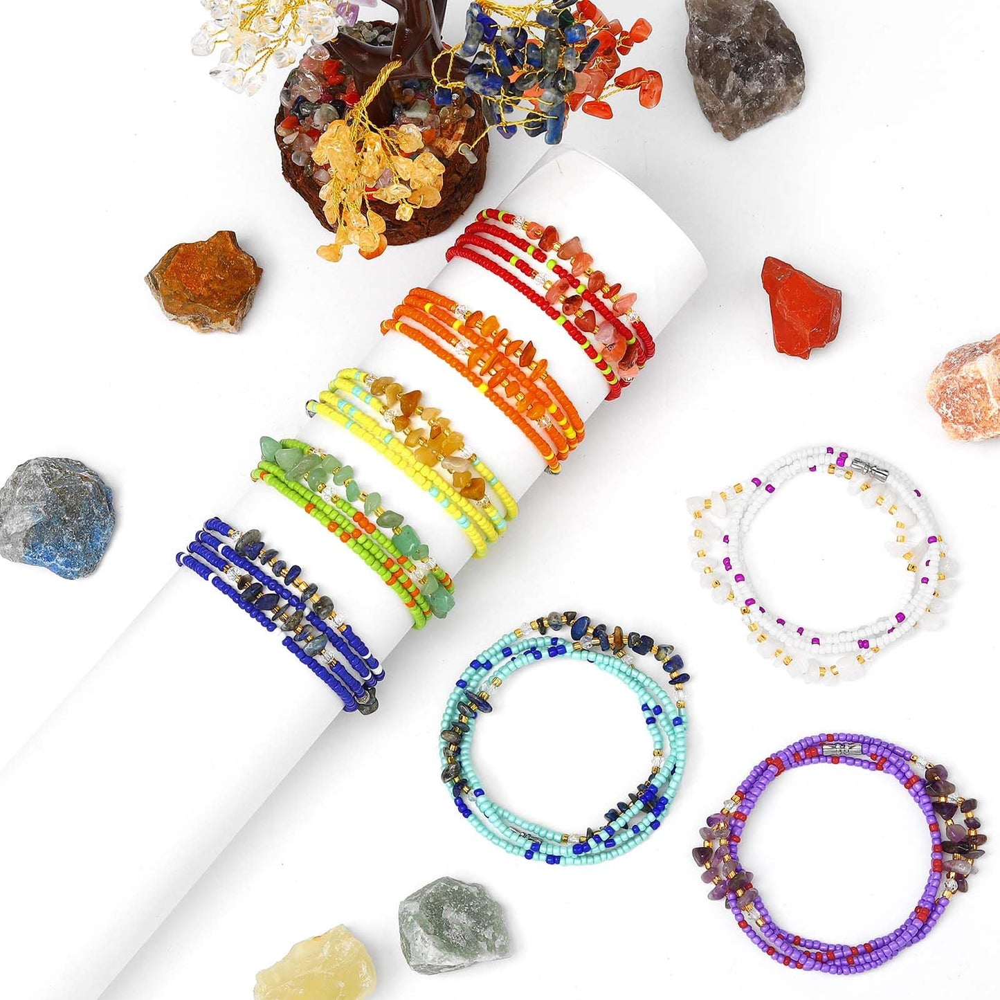 ELABEST Adjustable Handmade Waist Beads Stretchy 23-52 inch 8Pcs Chakra Yoga Body Belly Beaded Women Waist, Anklet, Bracelet, Necklace Jewelry with Screw clasp (Chakra, 31.5inch/80cm)