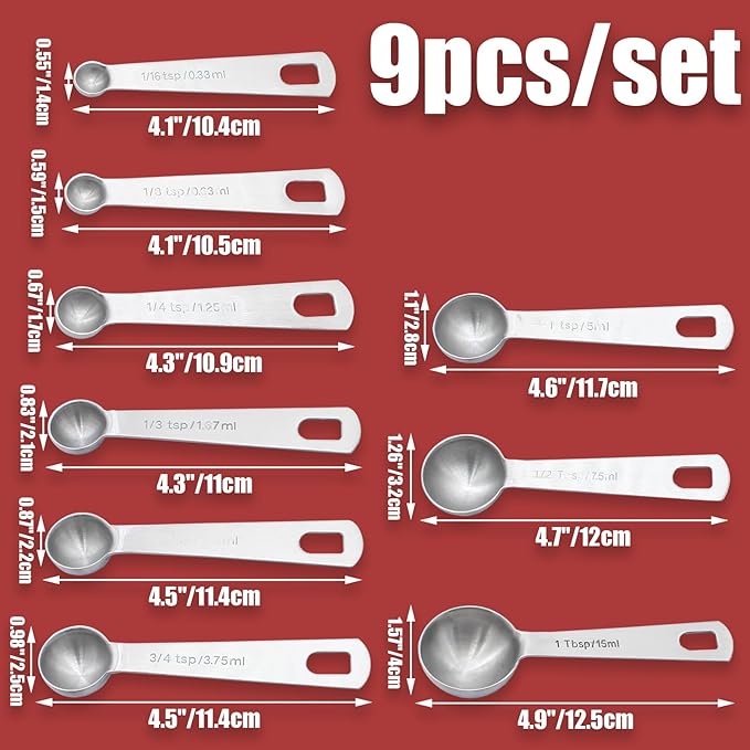 Luomorgo 9 Pc Measuring Spoons Set, Stainless Steel, 1/16 to 1 tbsp