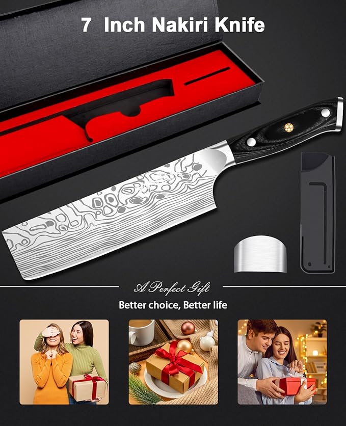 MOSFiATA 7” Nakiri Chef's Knife with Finger Guard, German High Carbon Stainless Steel EN1.4116 Vegetable Knife, Multipurpose Kitchen Knife with Micarta Handle in Gift Box
