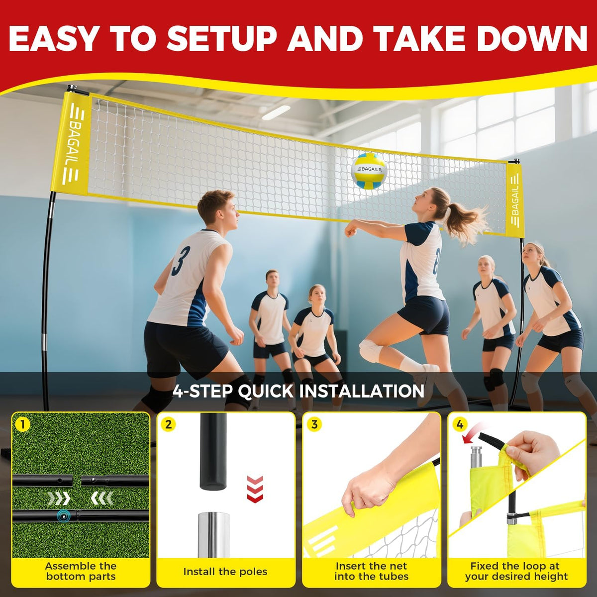 BAGAIL Volleyball Net, 12ft/20ft Portable Volleyball Net for Backyard - Adjustable Height, Heavy-Duty Frame, Freestanding Design - Portable Outdoor/Indoor Volleyball Set with Carry Bag
