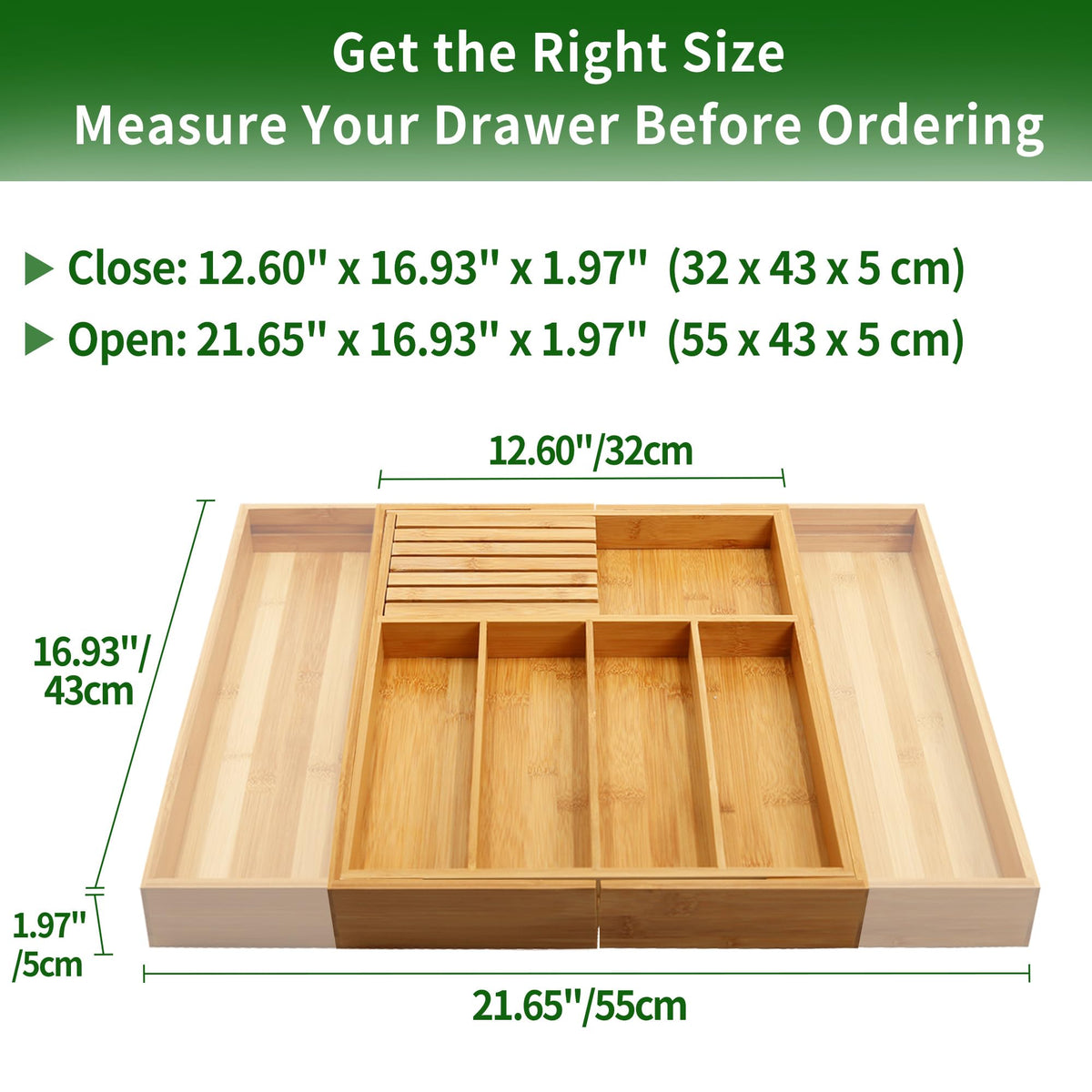 VaeFae Bamboo Silverware Drawer Organizer Kitchen, Expandable Utensil Organizer with Knife Block, Cutlery Tray with Divider, Multifunctional Wooden Drawer Organizer