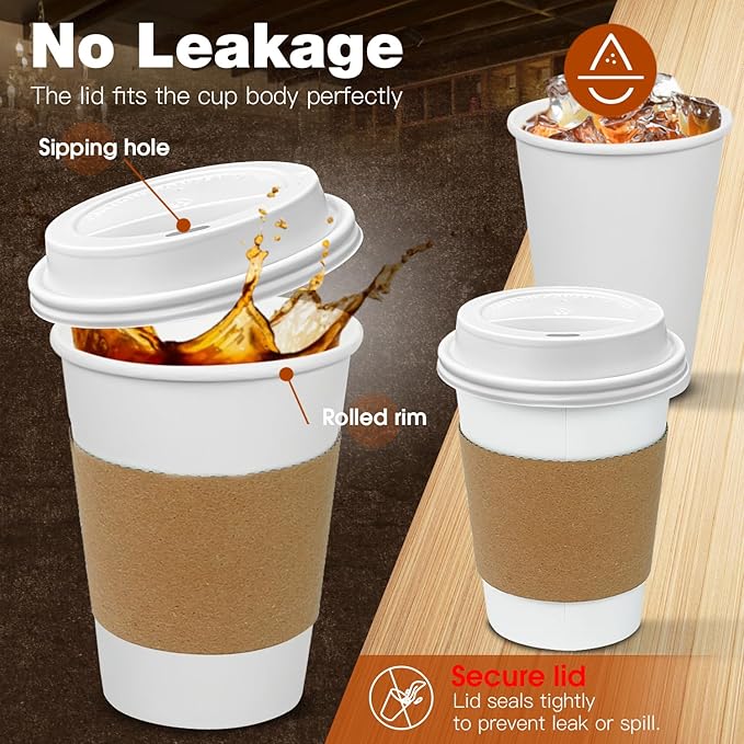 Ginkgo 100 Pack 12 oz Leak-Proof Coffee Cups with Lids and Sleeves Disposable To Go Hot Travel Paper Cups, Hot Chocolate, Cocoa, Tea, Coffee Bar Accessories