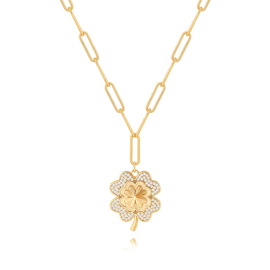 PEARLADA Dainty Four Leaf Clover Necklace, 18k Gold Plated Paperclip Necklace for Women, Cubic Zirconia Lucky Charm Jewelry