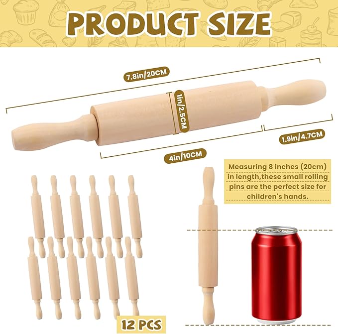 BILLIOTEAM 12 Pack 8 Inch Mini Wood Rolling Pin,Small Wooden Rollers for Art and Crafting,Baking,Cookie Dough,Cooking,Clay,Play Doh