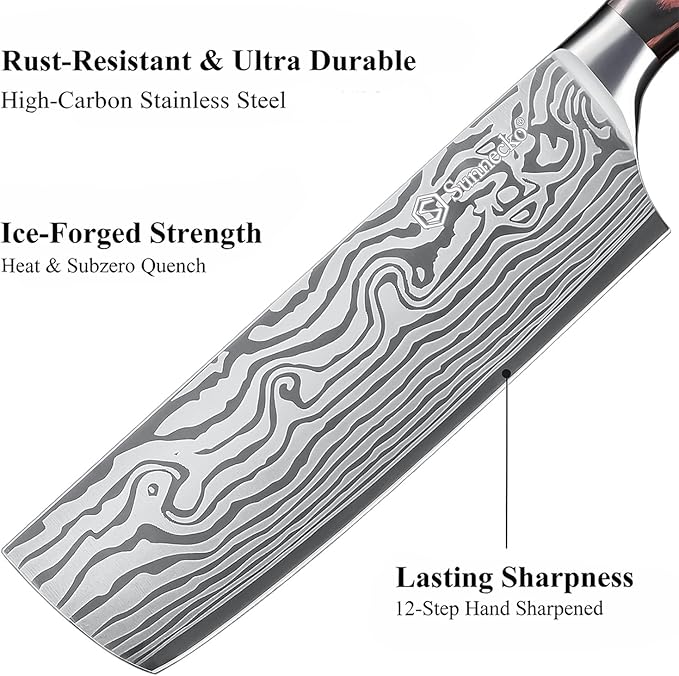 Sunnecko Japanese Nakiri Knife 7 Inch - Carbon Steel Chef Knife Vegetable Cleaver with Sheath, Kitchen Gift for Home Cooks, Professional Kitchen Knife Gift Box