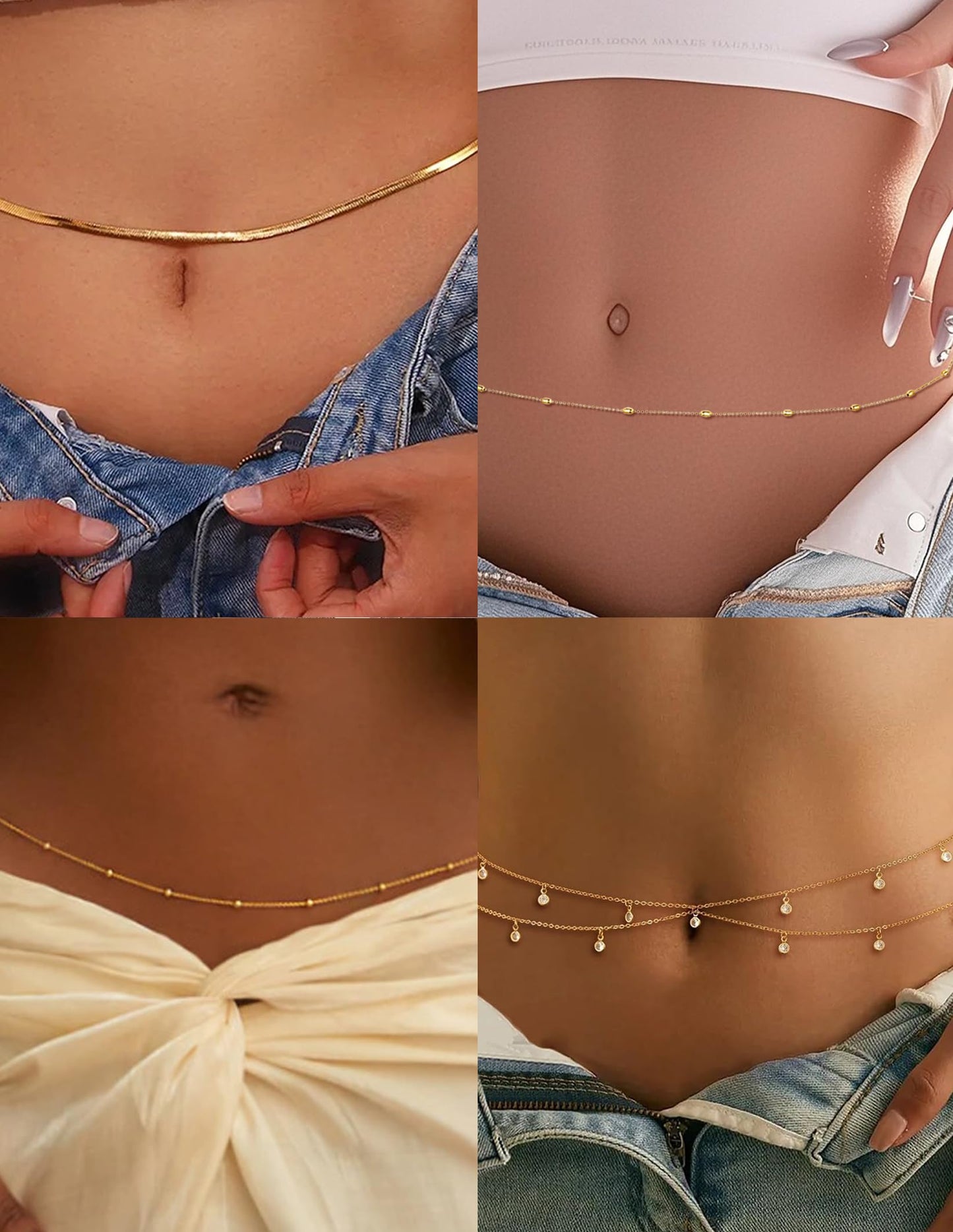 Wrlcorly 8Pcs Waist Chain 18K Gold Plated Belly Belt Chains Sexy Bikini Summer Beach Satellite Beaded Sequin Snake Layered Coin CZ Body Chain Jewelry Accessories for Women Gold Silver Tone Adjustable