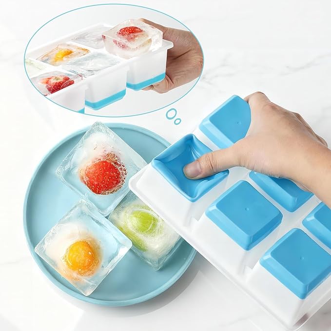 Large Ice Cube Trays 2 Pack, Easy Release 2.4" Super Big Ice Cubes, Stackable Ice Trays for Freezer, Silicone Cocktail, Whiskey Ice Cubes Mold with Lid, Dishwasher Safe - BPA Free