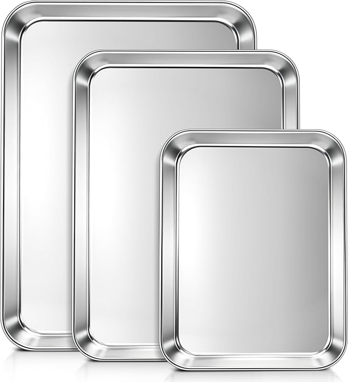 LIANYU Baking Sheet Pans Set of 3, Stainless Steel Cookie Sheets for Baking, 17.5/16/12.4 Inch, Half/Quarter/Jelly Roll Pans for Oven, Mirror Finish Metal Tray, Heavy Duty & Rust Resistant