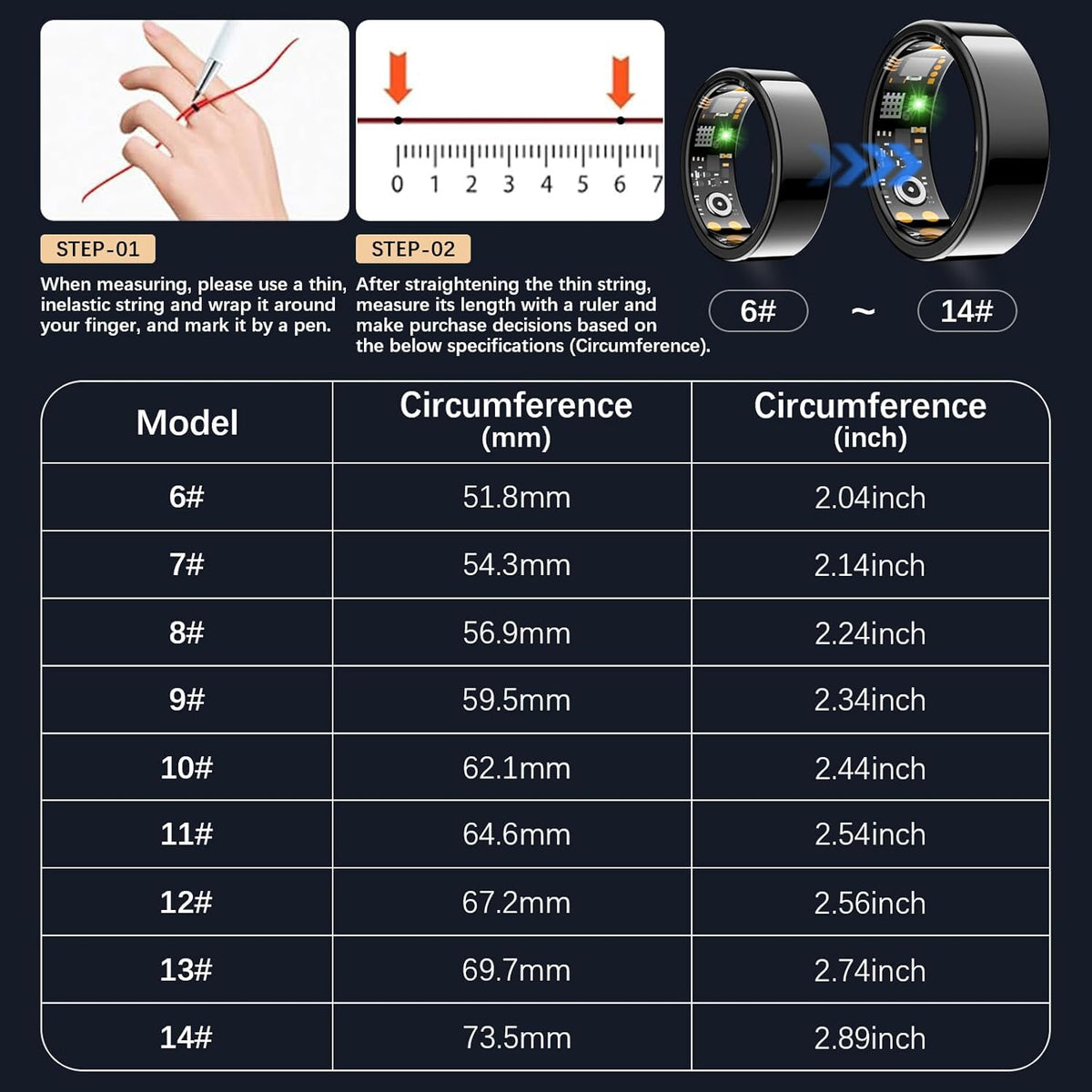 Ring Health Tracker for Women Men, Fit Ring with Heart Rate, Blood Oxygen, Sleep Monitor, Calories, Step Counter, IP68 Waterproof Smart Ring for iPhone & Android, No Subscription Fee (Black, 9#)