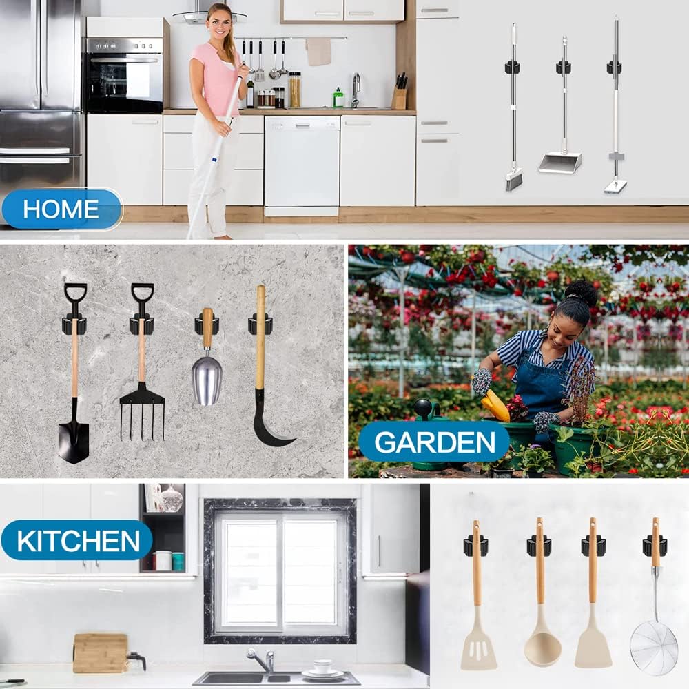 6PCS Broom and Mop Holder, Heavy Duty Garden Tool Organizer Rack Rake and Shovel Handle, Stainless Steel Mop Hanger. Screws for Wall Mounted. Matte Black