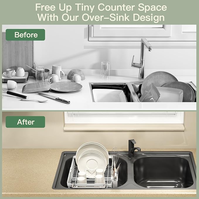 MAJALiS Dish Drying Rack Over The Sink, Expandable Stainless Steel Dish Drainer for Small Kitchen Counter Space Saving, RV Compact Plate Strainer in White Metal with Hanging Adjustable Utensil Holder