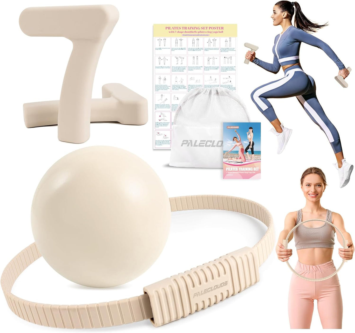 Pilates Ring Set, Pilates Essential Kit with Pilates Ring and Ball, 2.2lb *2 Ergonomic 7-Shaped Dumbbells, Portable Bag & Training Poster, at Home Workouts Pilates Sets for Women