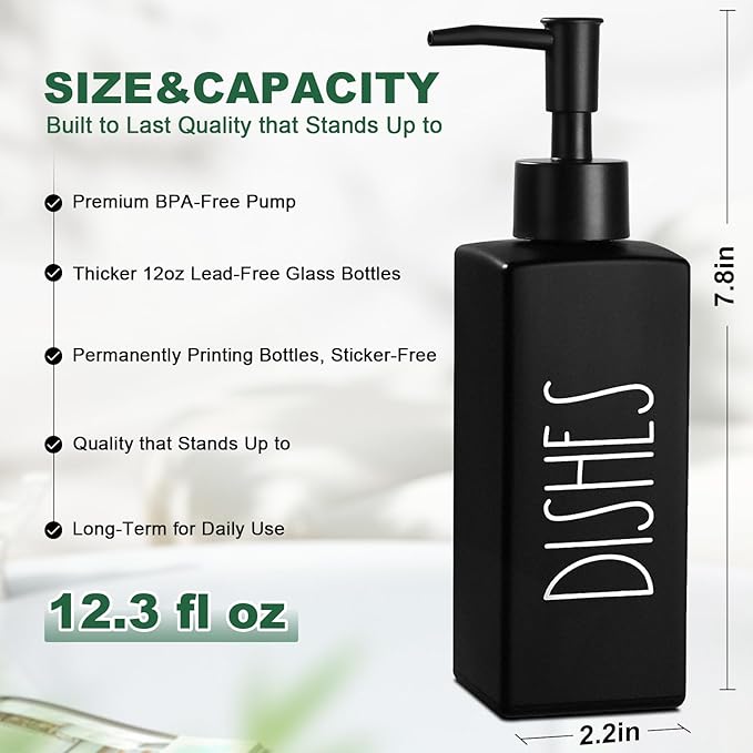 Hand and Dish Soap Dispenser Set, Matte Black Dish Dispenser Bottle for Kitchen, Glass Kitchen Soap Dispenser Set with Pump, Refillable Liquid Soap Bottle, Farmhouse Kitchen Decor, 12.3fl oz
