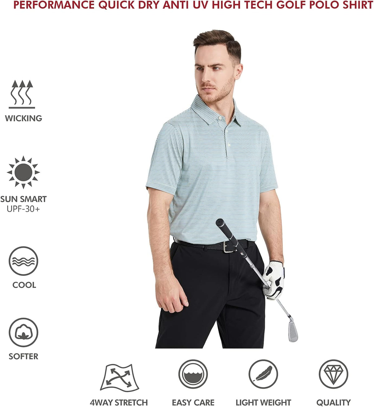 Men's Golf Polo Shirts Short Sleeve Striped Performance Moisture Wicking Dry Fit Golf Shirts for Men