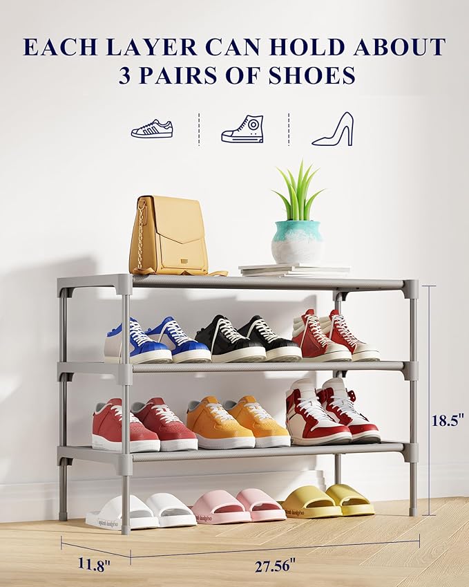Kitsure Shoe Rack - Non-Woven Shoe Rack Shelf, Shoe Organizer for Closet, Entryway, Garage & Corridor, Stackable Shoe Shelves, 27.5" Wide - 3 Tier, Grey