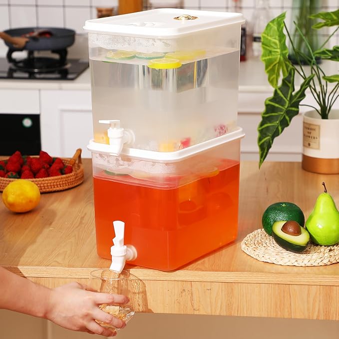 Domensi 1 Pack 2 Gallon Drink Dispenser for Fridge with Spigot Water Dispenser Leak Proof Lids Filter Screen Beverage Juice Container Sealed Plastic Lemonade Milk Cold Hot Drink Tea Jug for Party