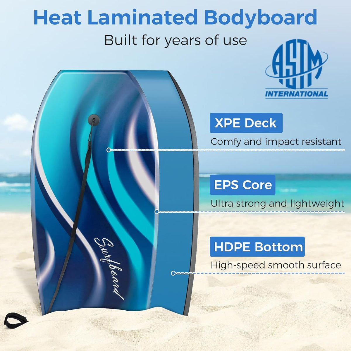 Goplus 41''/37''/33'' Lightweight Body Board for Beach, Surf Board with EPS Core, XPE Deck, HDPE Slick Bottom, Wrist Leash, Bodyboard for Kids Adults Surfing