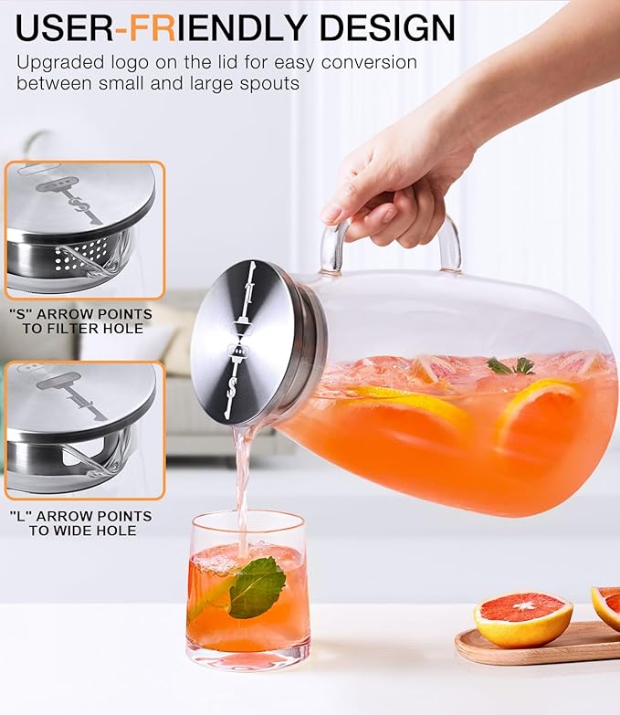 Glass Pitcher with Lid, 3 Liter 100oz Water Pitcher with Handle and Spout for Fridge, Borosilicate Glass for Iced Tea, Juice, Sangria, Cold/Hot Beverage, Large Jug