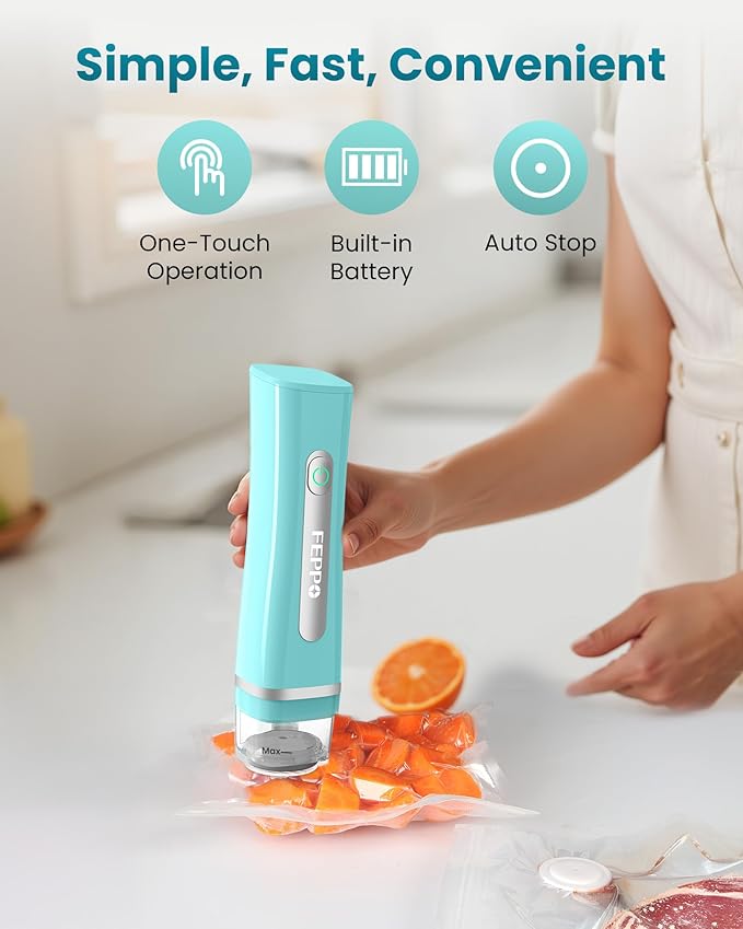 FEPPO Vacuum Sealer for Food with Visible Water Tank, Handheld Saver Compact Vacuum Sealer Machine with 30 Reusable Bags for 6X Preservation & Fresh, Teal