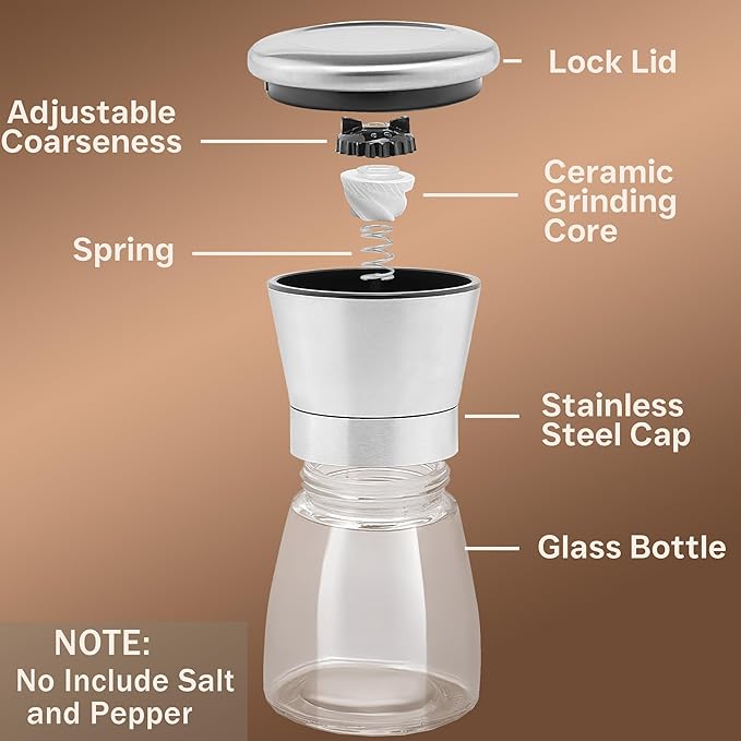 Manual Salt or Pepper Grinder for Professional Chef, Best Spice Mill with Stainless Steel Cap, Ceramic Blades and Adjustable Coarseness, Refillable Glass Body with 6OZ Capacity
