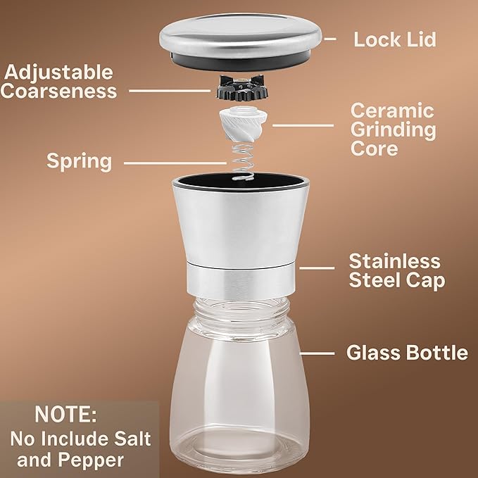 Salt and Pepper Grinder Set - Stainless Steel Refillable Salt & Peppercorn Shakers (2.6"W x 7.5"H - 2 Pack with Holder)