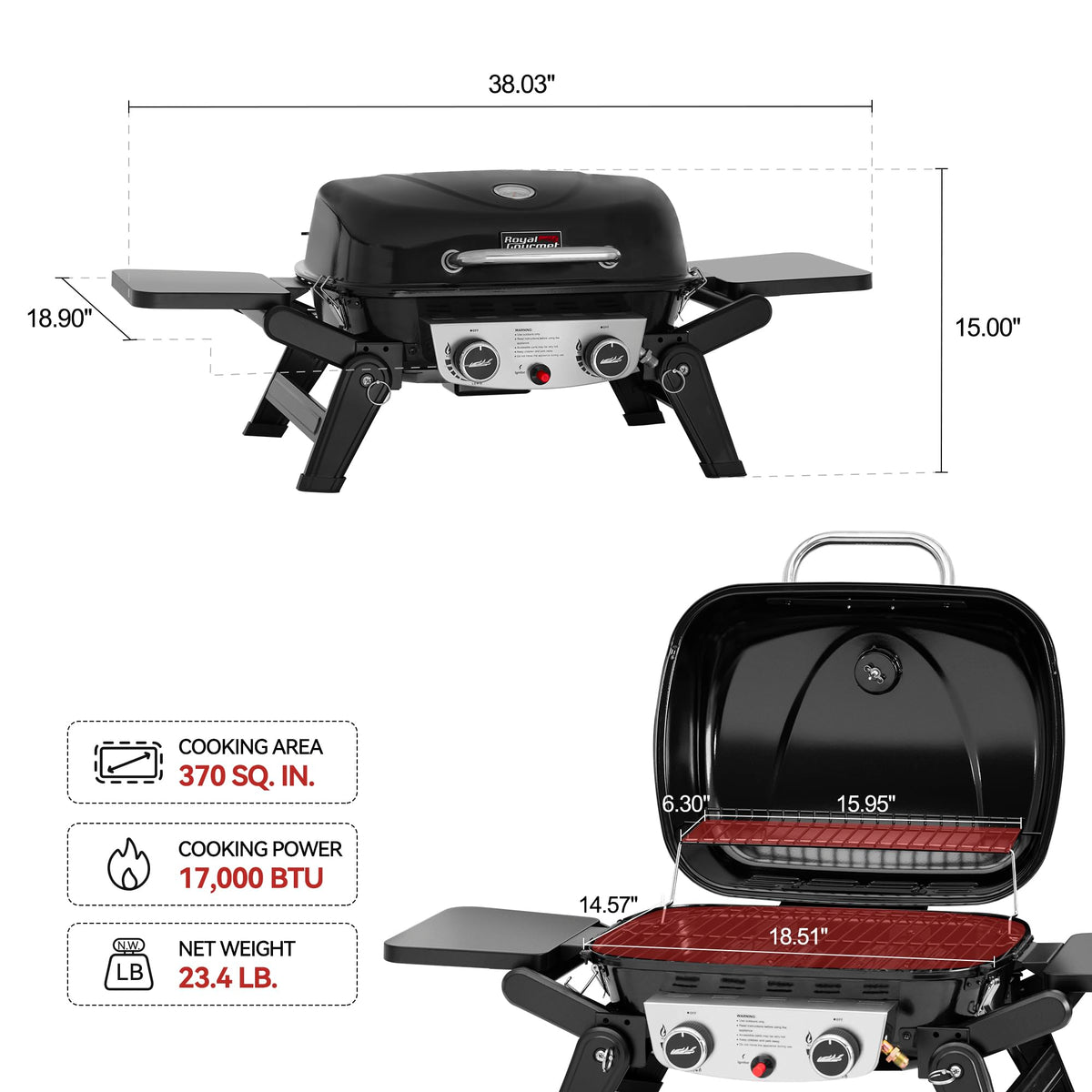 Royal Gourmet GT2005 2 Burner Portable Propane Gas Grill with Foldable Side Tables & Foldable Support Legs, Tabletop Gas Grill with Warming Rack for Outdoor Cooking & Grilling, Black