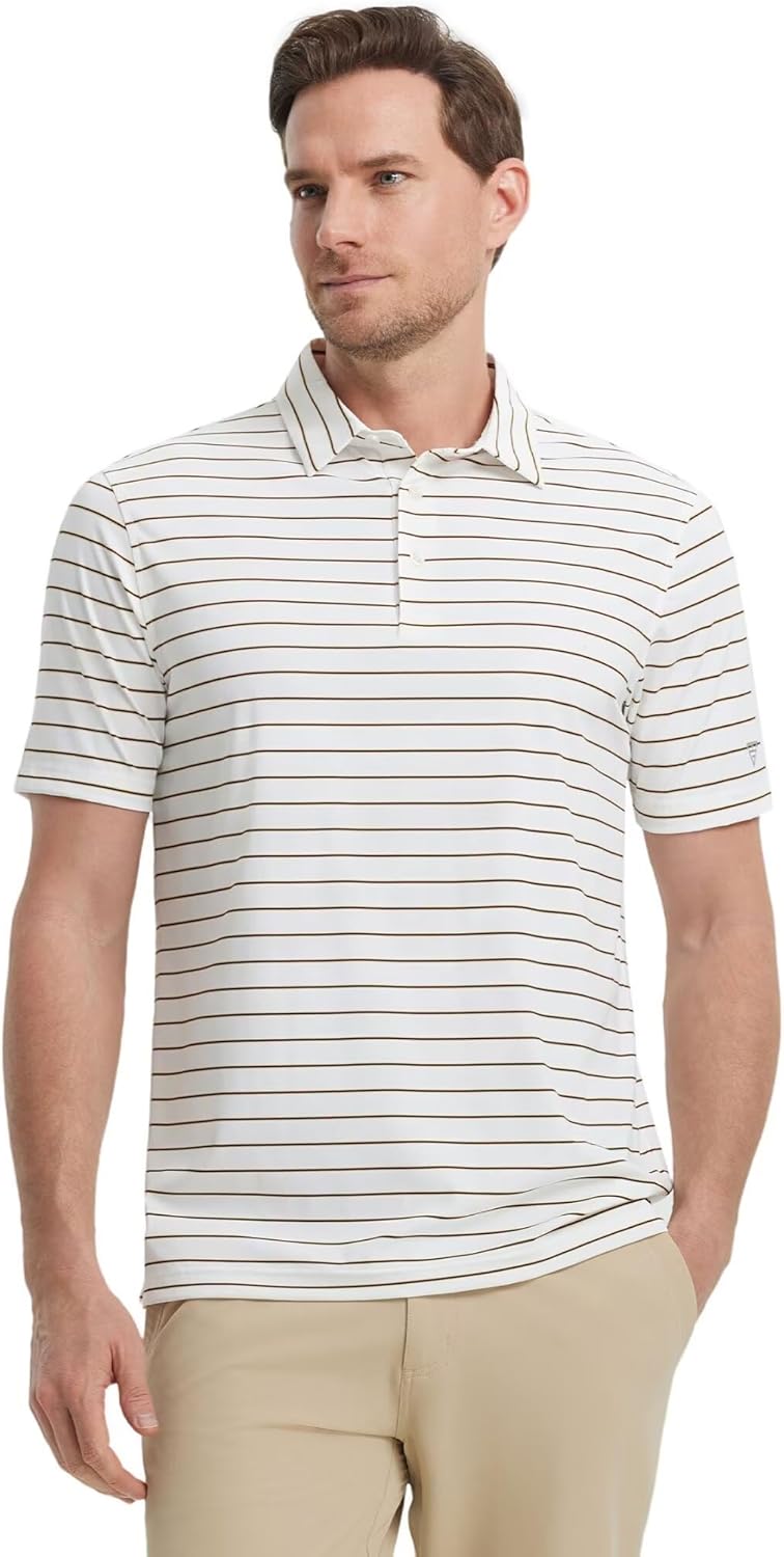 M MAELREG Mens Striped Golf Shirts Short Sleeve Silk-Like Touch Water-Resistant Breathable Soft Collared Polo Shirts for Men