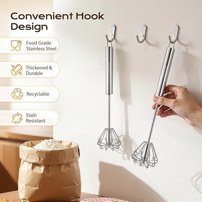 Upgraded Stainless Steel Semi-Automatic Whisk - Easy to Use Whizzy Whisk, Versatile Wisker Tool for Cooking, Kitchen Essential Egg Beater for Baking, Whisking, Beating & Stirring (10in）