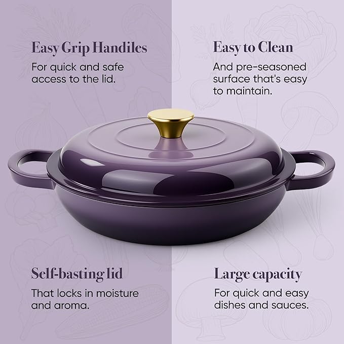 Vintage Style 3 Quart Enameled Cast Iron Braiser, Non Stick Enameled Cast Iron Skillet with Lid, Dutch Oven Skillet with lid up to 500°F for Oven, Stove, Grill, Shallow Dutch Oven for Cook, Bake (Purple)