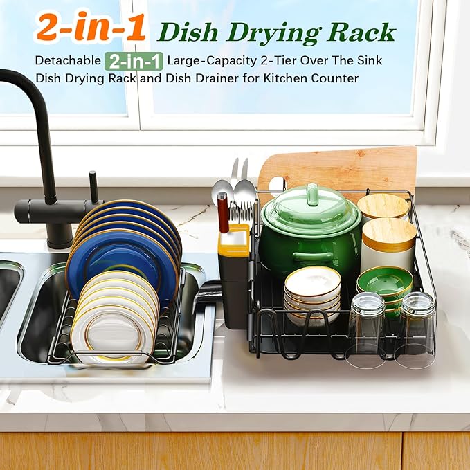 Runnatal 2-Tier Dish Drying Rack with Drainboard Set, Stainless Steel Detachable 2-in-1 Large-Capacity 2-Tier Over The Sink Anti-Rust Dish Rack and Dish Drainer for All Kitchen