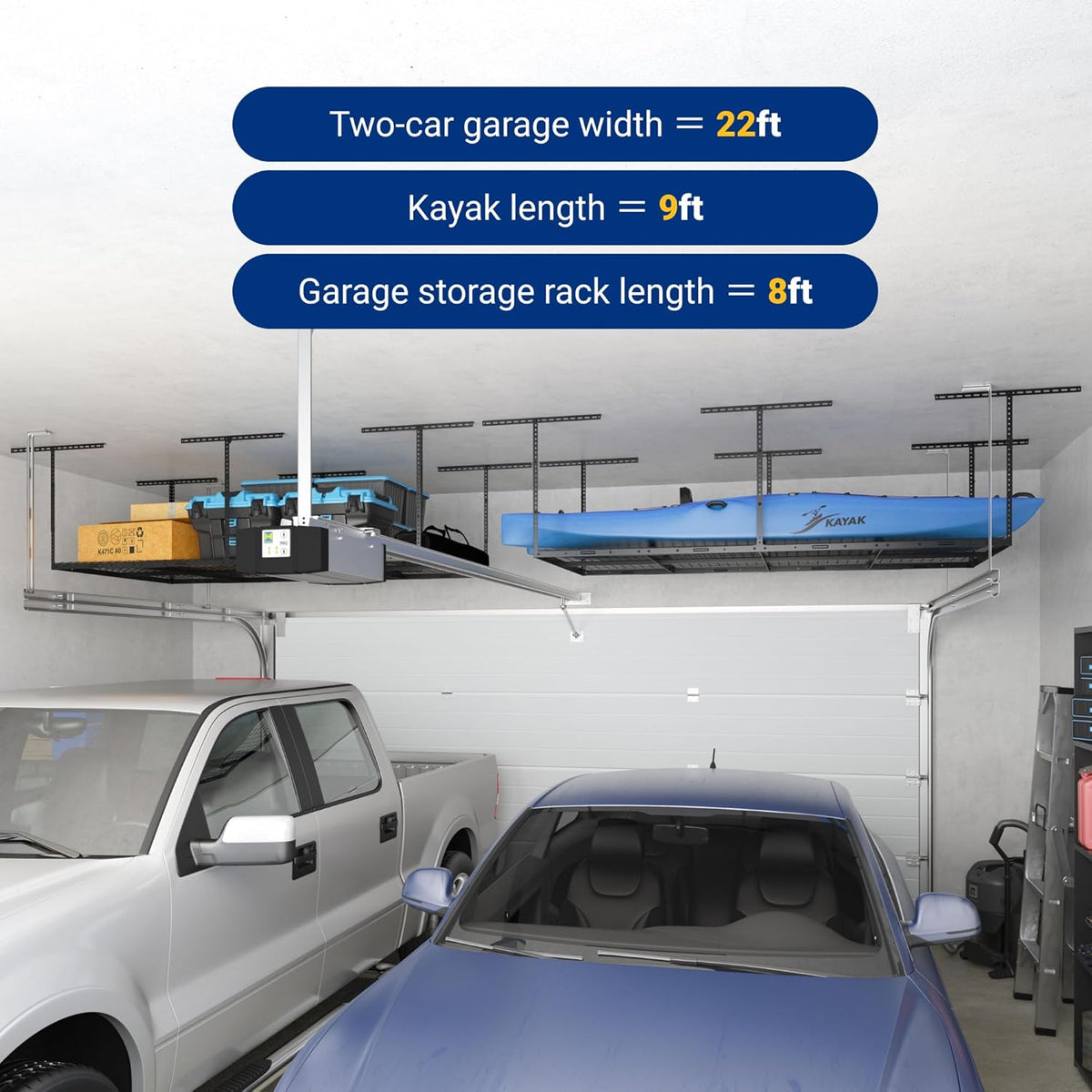 FLEXIMOUNTS 4x8 Overhead Garage Storage Rack, Adjustable Garage Storage Organization Systerm, Heavy Duty Metal Garage Ceiling Storage Racks, 600lbs Weight Capacity, Black