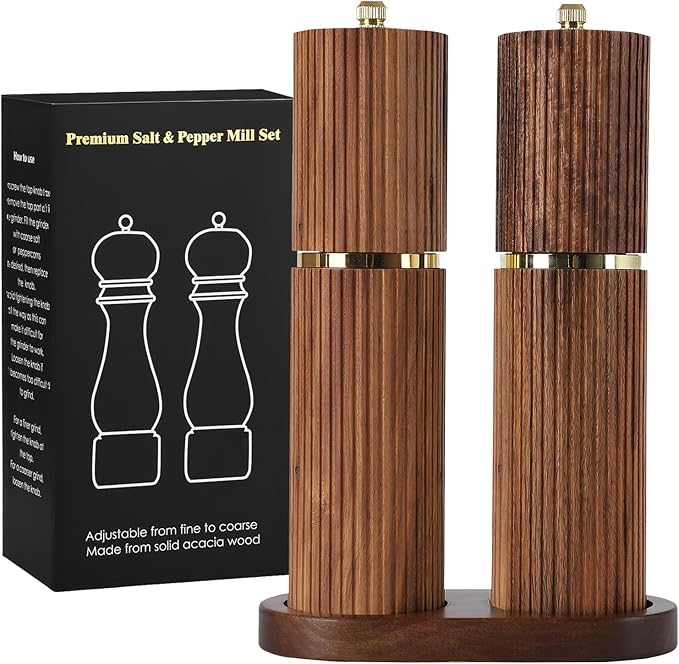 Wooden Salt and Pepper Grinder Set, Refillable Salt and Pepper grinder with adjustable Coarseness, Acacia Wood pepper mill manual, Salt and Pepper Shakers Matching Wooden tray-Ideal for Gifting